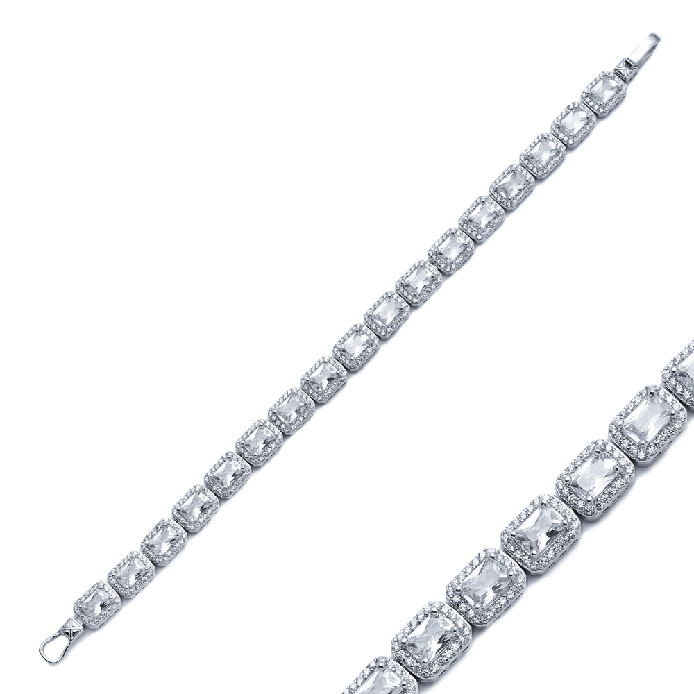 White CZ Stone Baguette Design Silver Tennis Bracelet