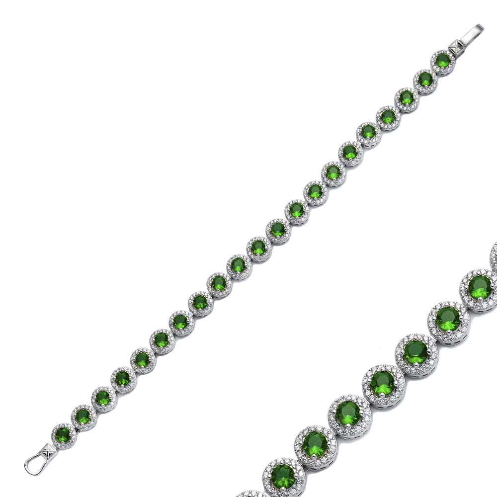 Emerald CZ Stone Round Design Silver Tennis Bracelet