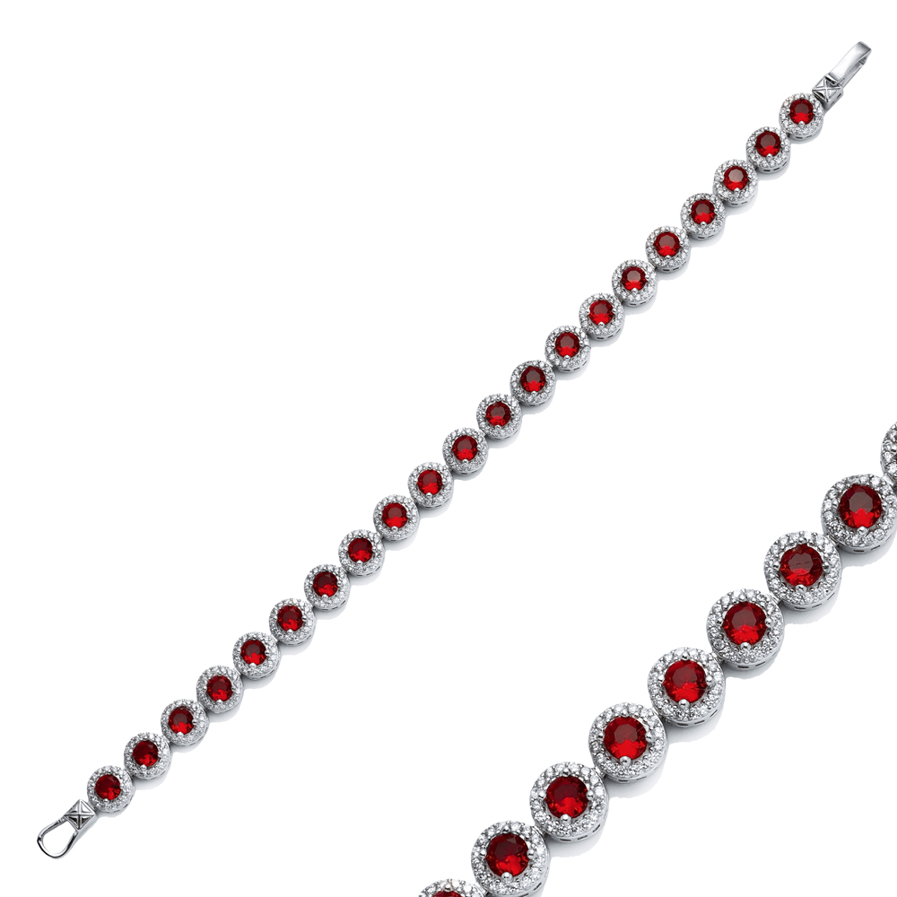 Garnet CZ Stone Round Design Silver Tennis Bracelet