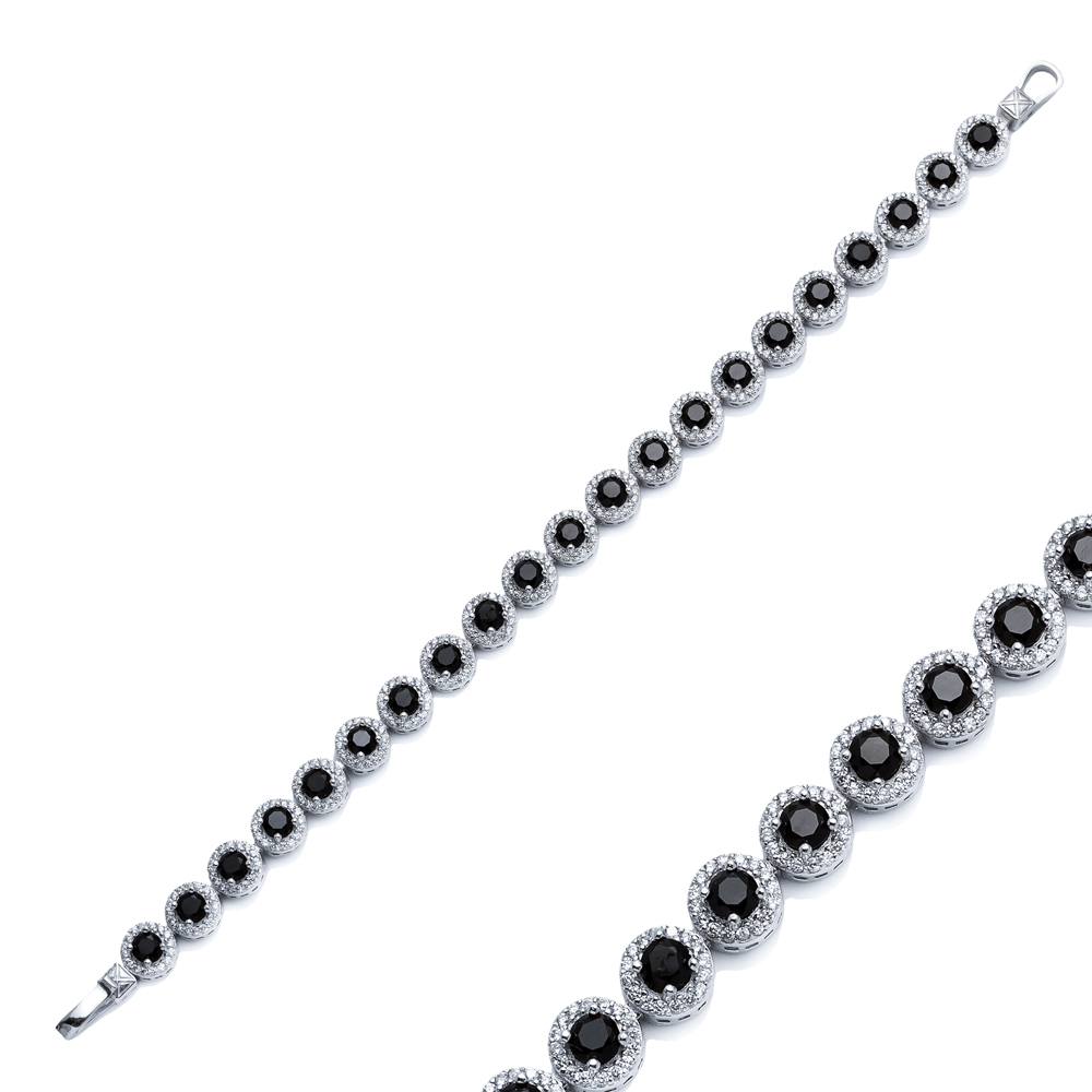 Black CZ Stone Round Design Silver Tennis Bracelet