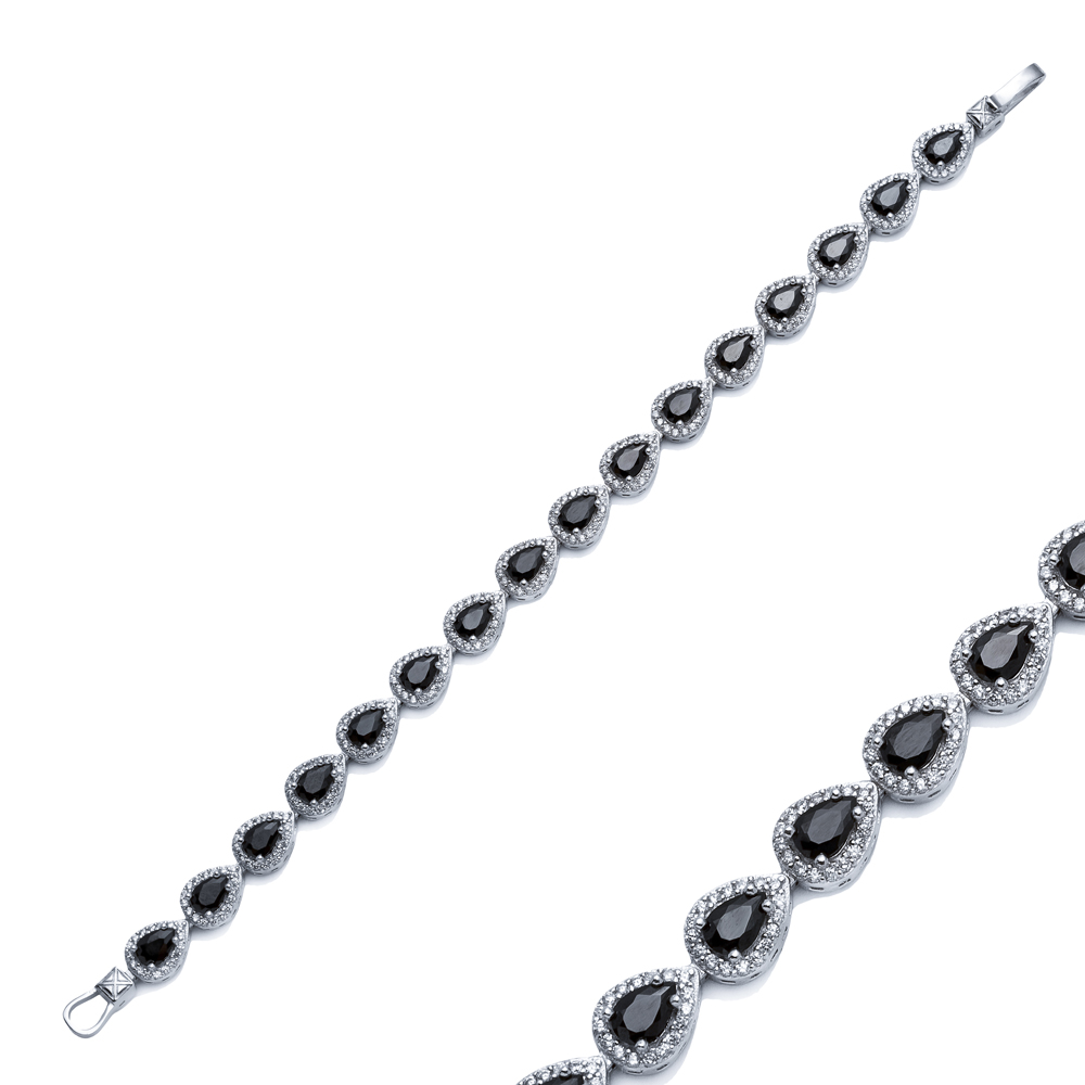 Pear Design Black CZ Stone Silver Tennis Bracelet