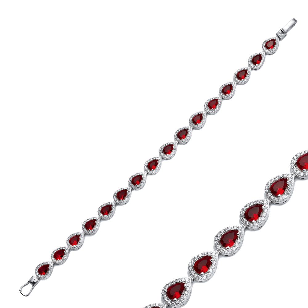 Garnet CZ Stone Pear Design Silver Tennis Bracelet