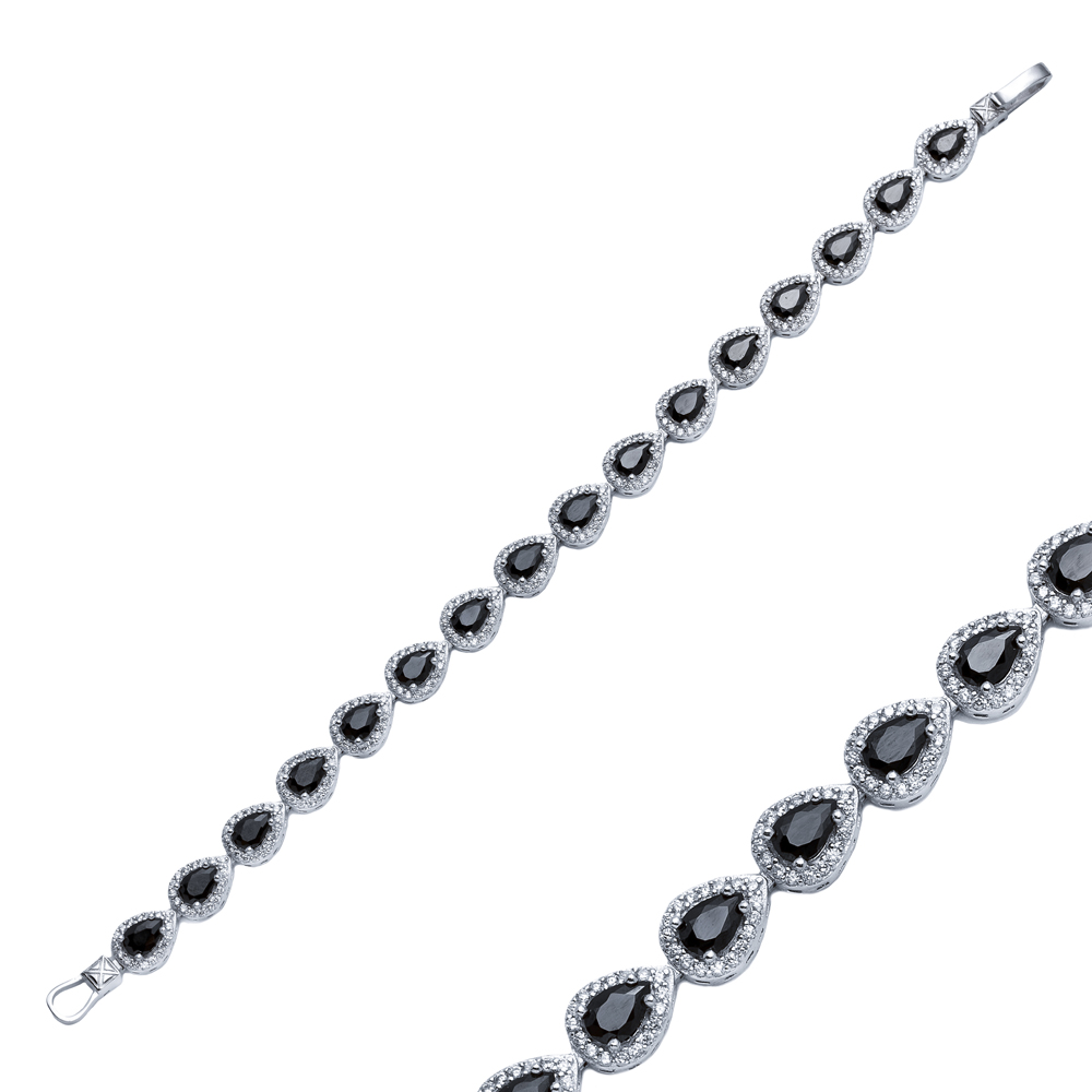 Black CZ Stone Pear Design Silver Tennis Bracelet