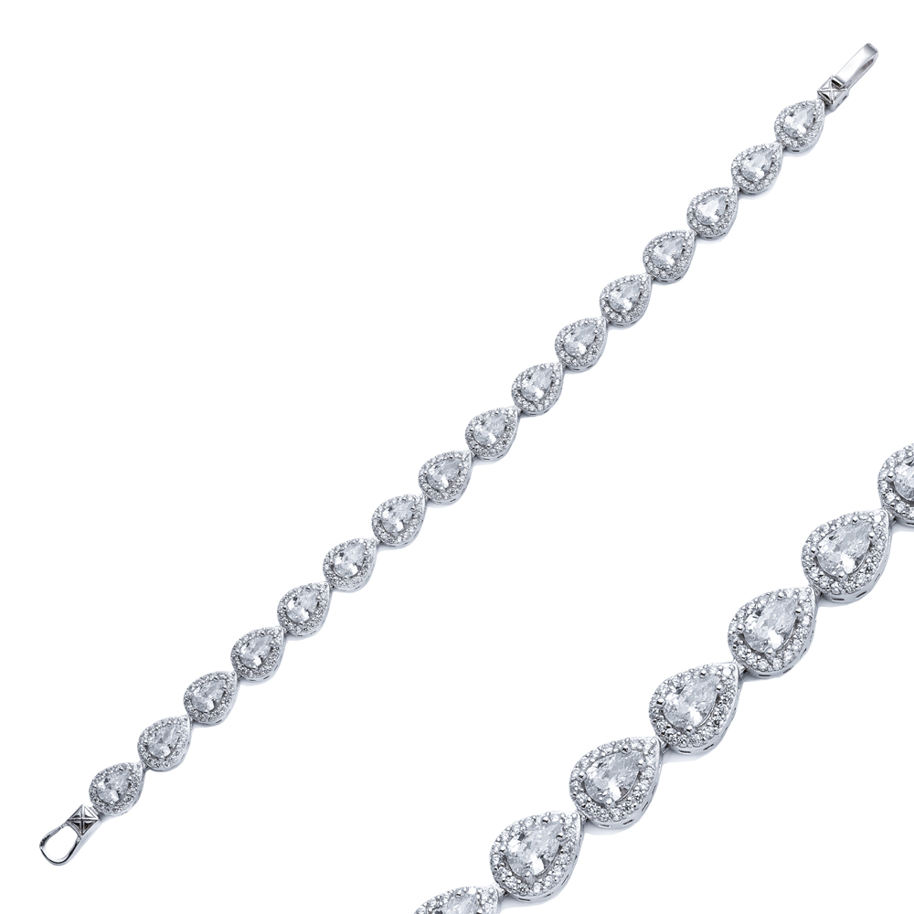 White CZ Stone Pear Design Silver Tennis Bracelet