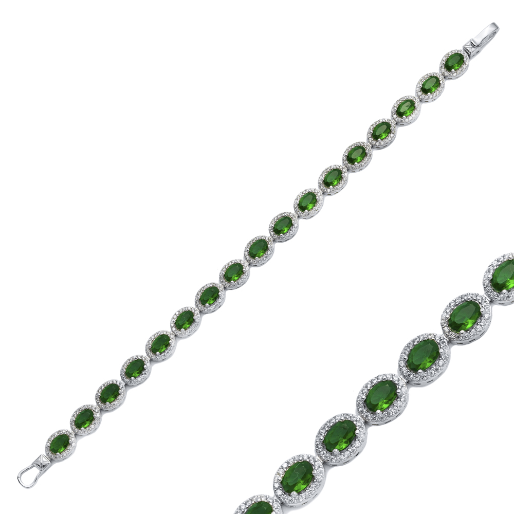 Emerald CZ Stone Oval Design Silver Tennis Bracelet