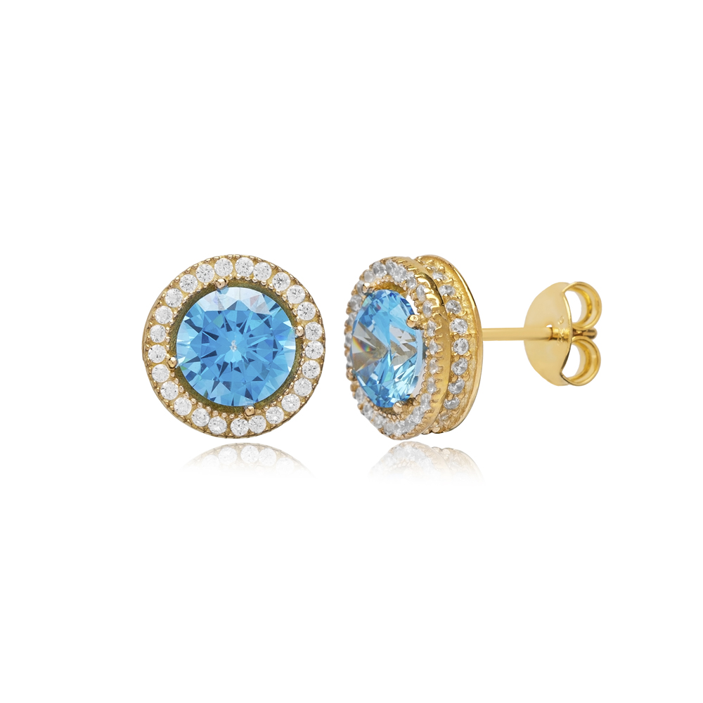 Round Design Aquamarine Cz Stone Turkish Silver Stud Earrings