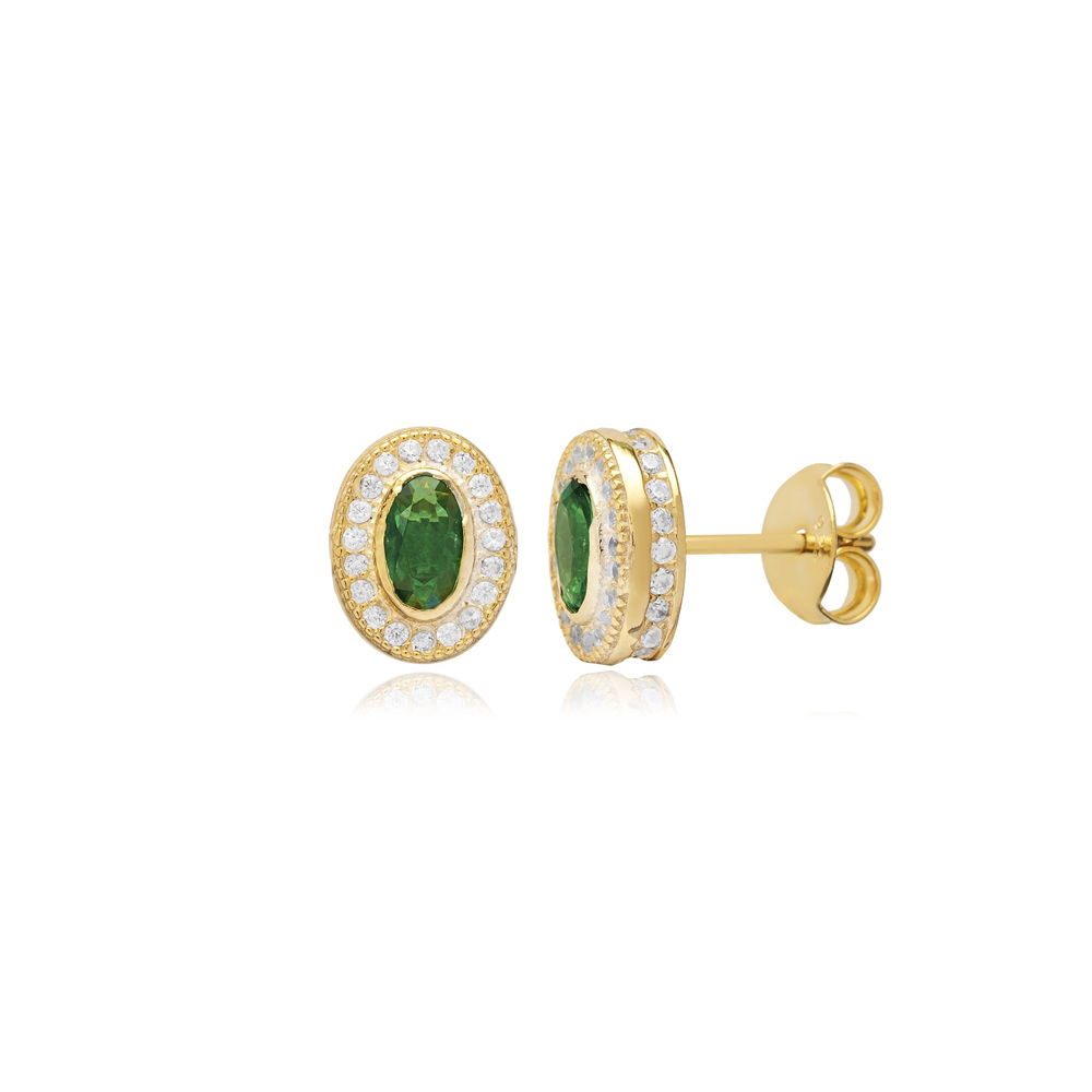 Emerald CZ Stone Oval Design Handmade Silver Stud Earrings