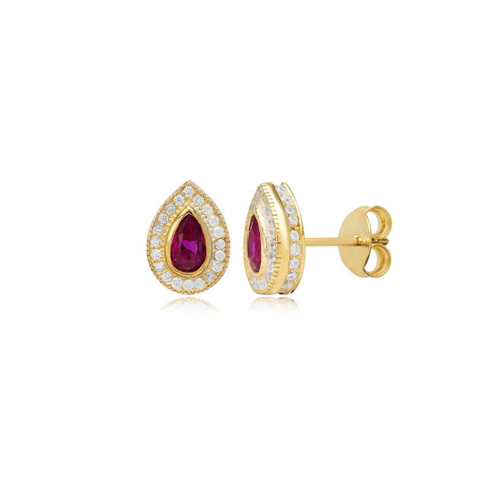 Ruby CZ Stone Pear Design Handmade Silver Stud Earrings