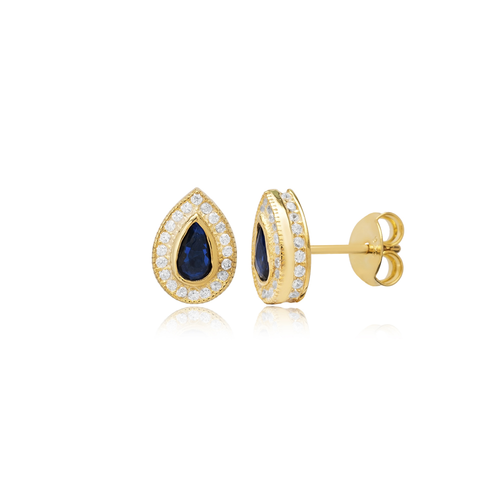 Sapphire CZ Stone Pear Design Handmade Silver Stud Earrings