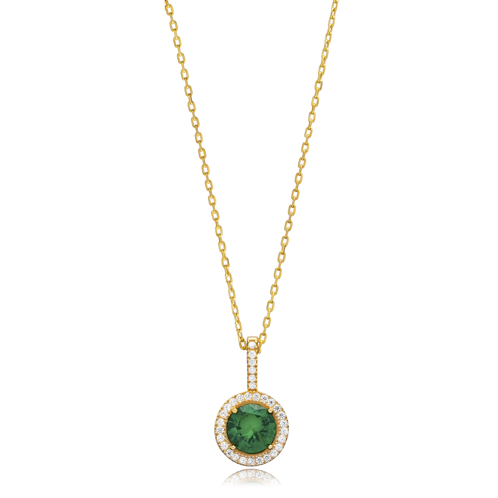 Emerald CZ Round Shape Stone Wholesale 925 Silver Necklace