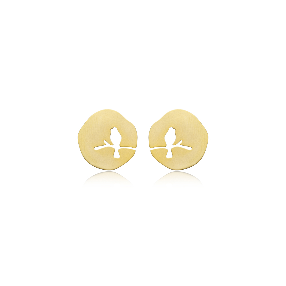 Round Shape Bird Design Plain Stud Earrings Silver Jewelry
