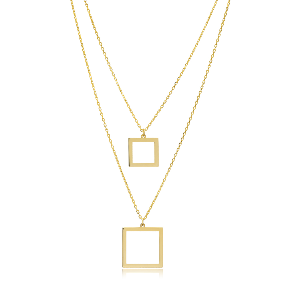 Square Hollow Layered Charm Necklace Silver Plain Jewelry