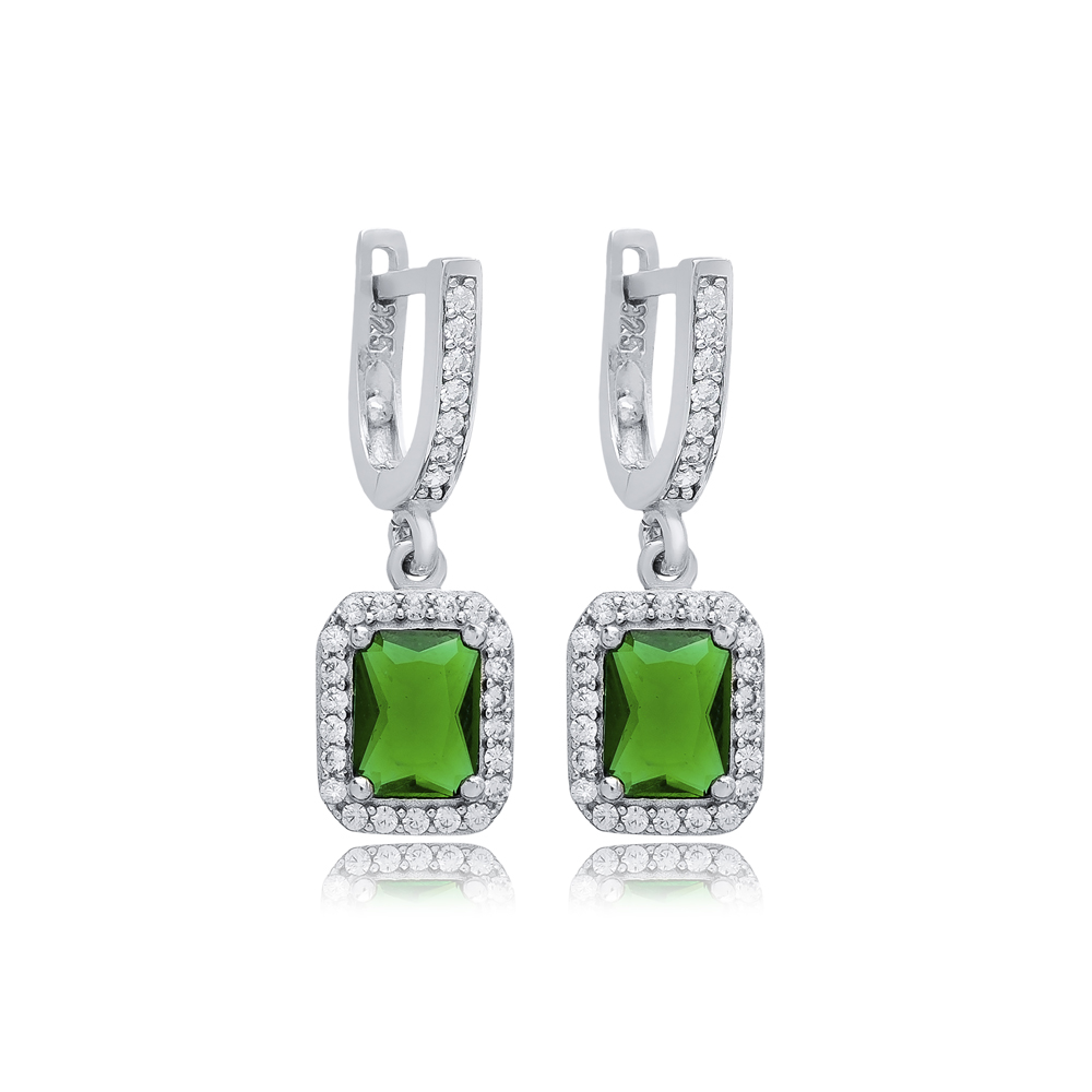 Rectangle Design Emerald CZ Stones Silver Dangle Earrings