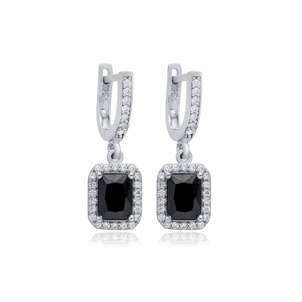 Rectangle Design Black CZ Stones Silver Dangle Earrings