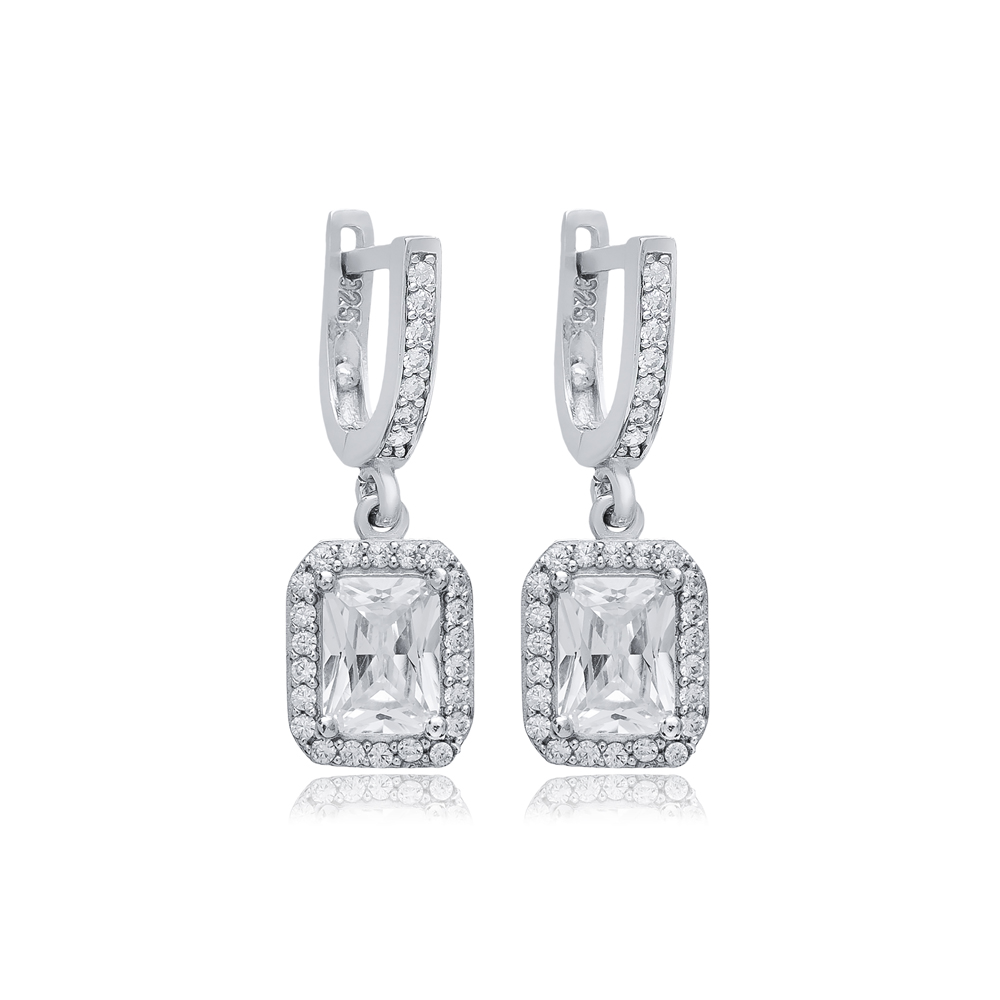 Rectangle Design CZ Stones Wholesale Silver Dangle Earrings