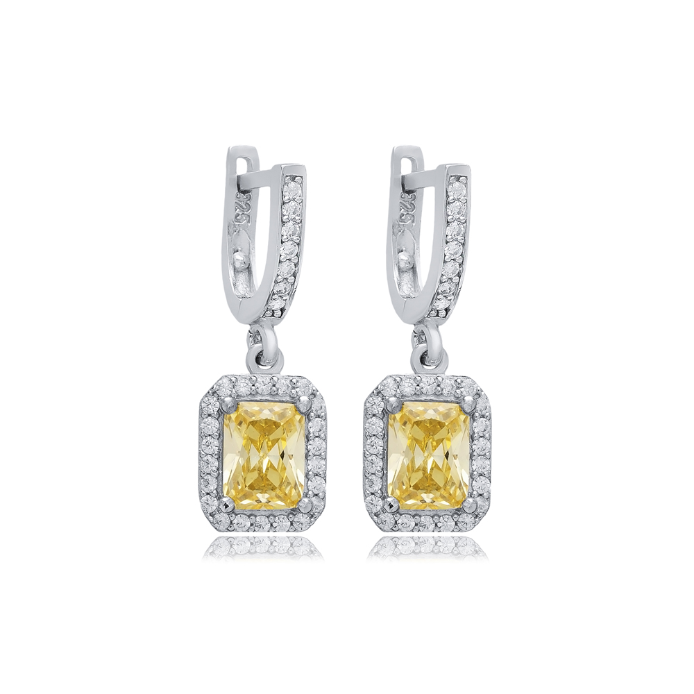 Rectangle Citrine CZ Stones Wholesale Silver Dangle Earrings