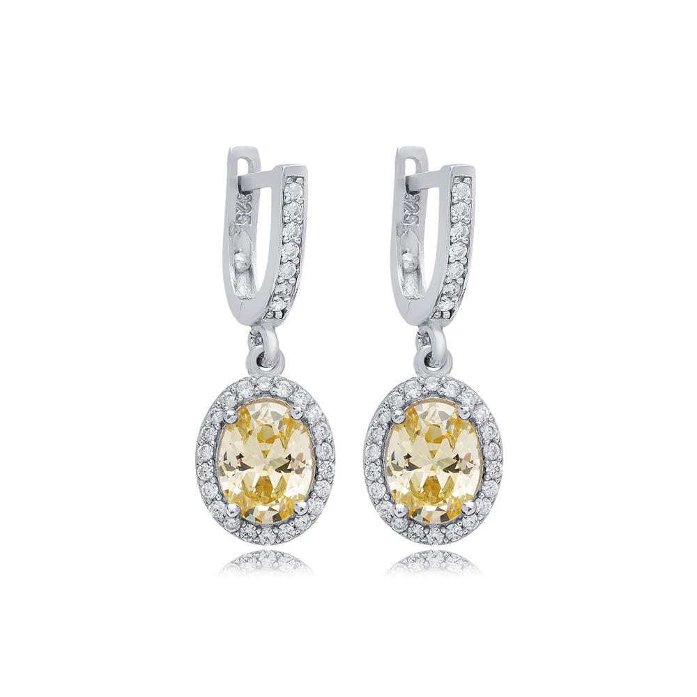 Oval Citrine CZ Stones Wholesale 925 Silver Dangle Earrings