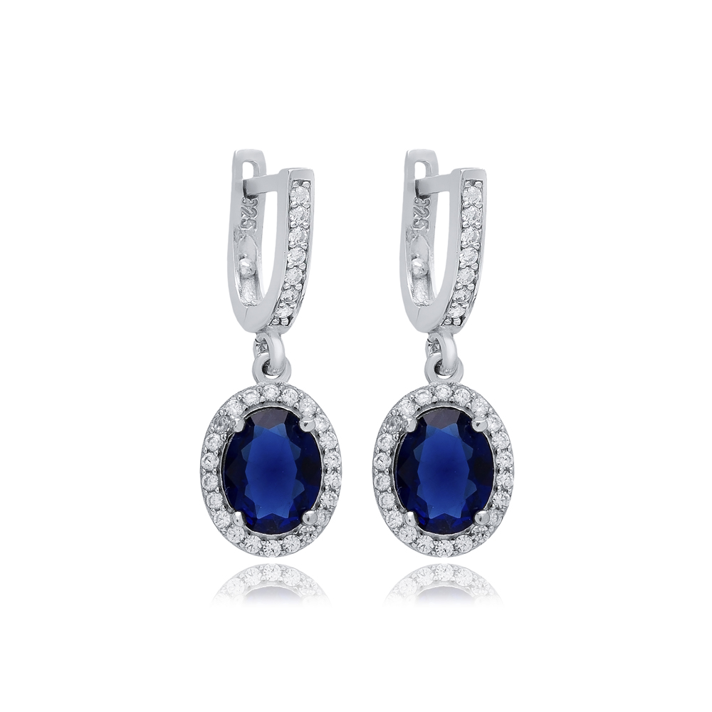 Oval Sapphire CZ Stones Wholesale 925 Silver Dangle Earrings