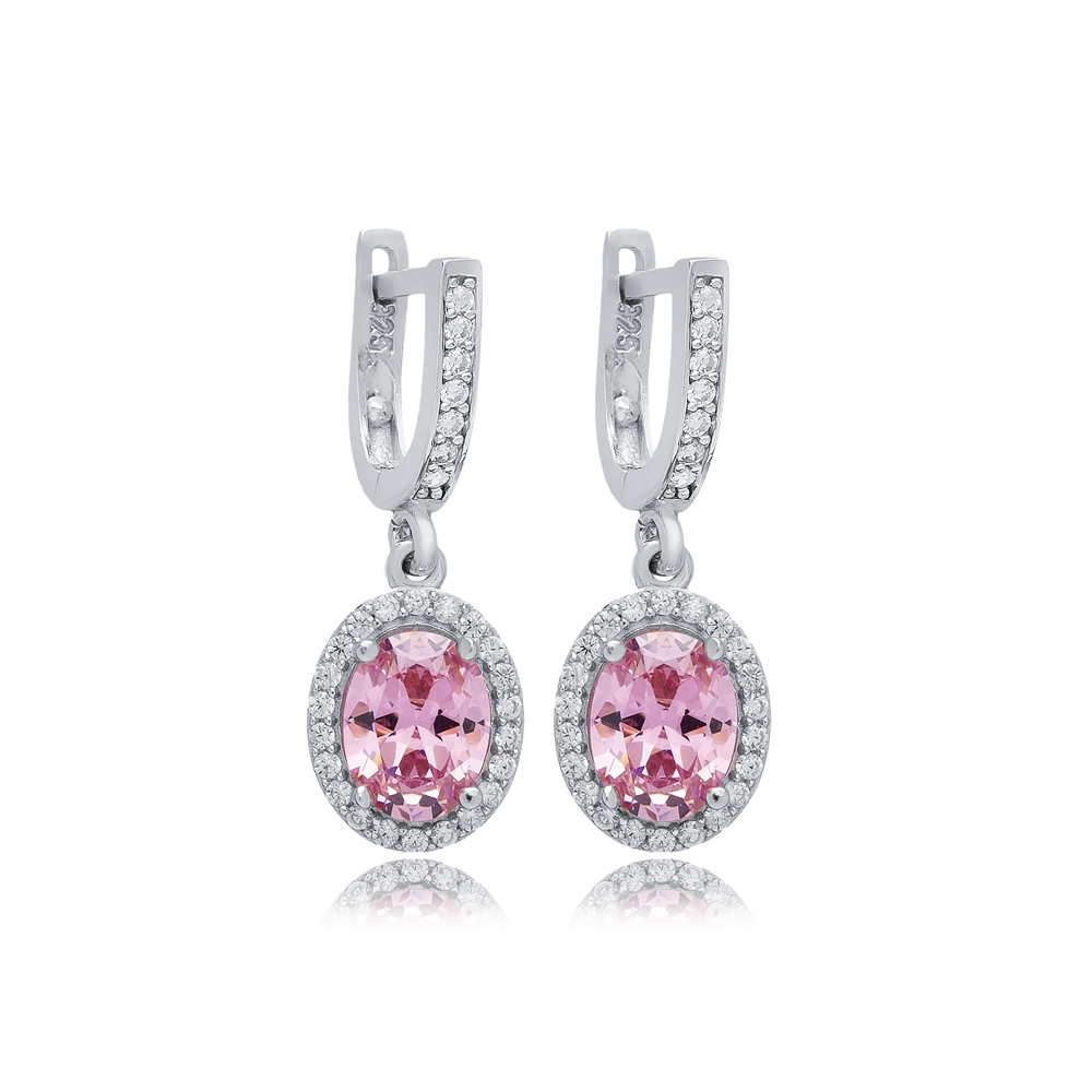 Oval Pink CZ Stones Wholesale 925 Silver Dangle Earrings