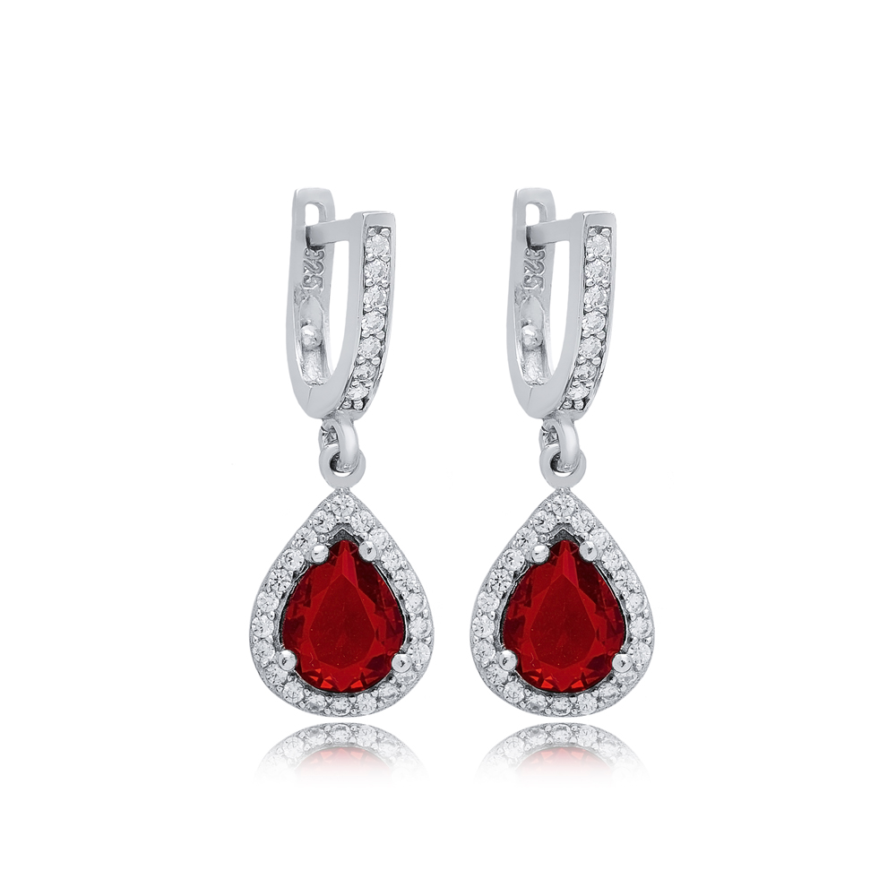 Pear Design Garnet CZ Stones Silver Dangle Earrings