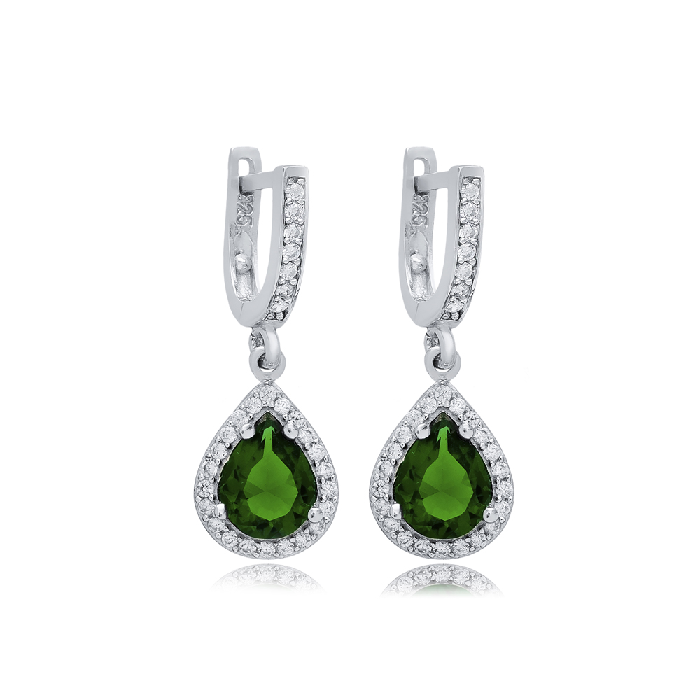 Pear Design Emerald CZ Stones Silver Dangle Earrings