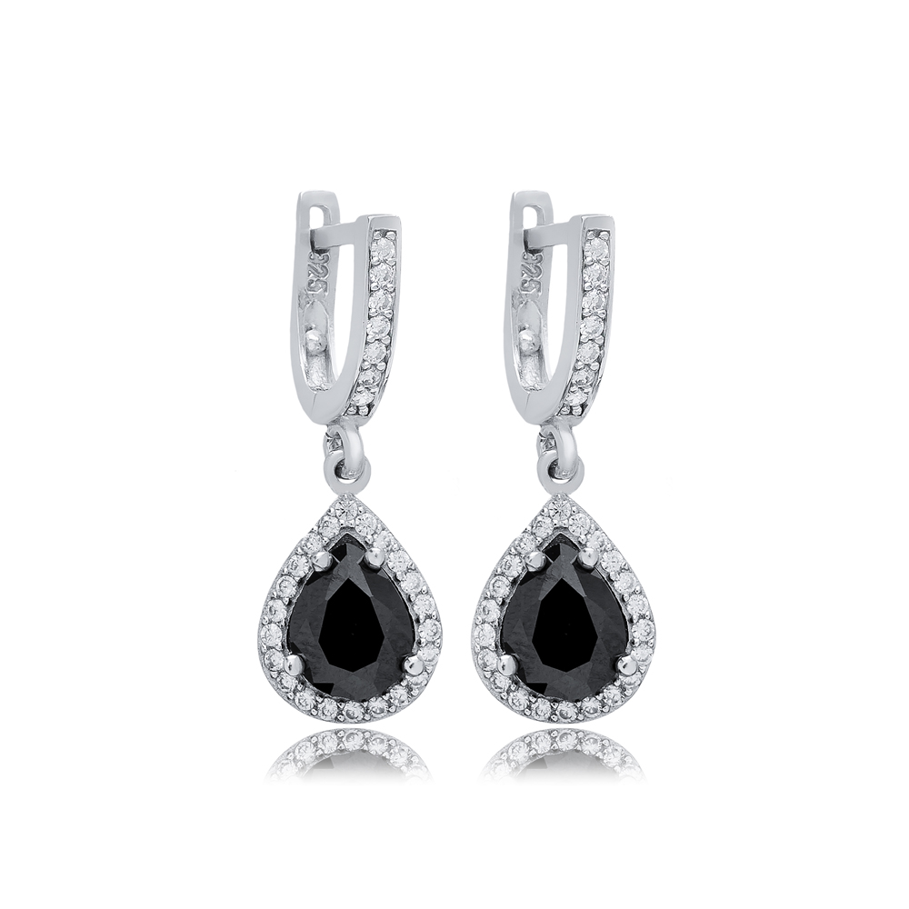 Pear Design Black CZ Stones Silver Dangle Earrings