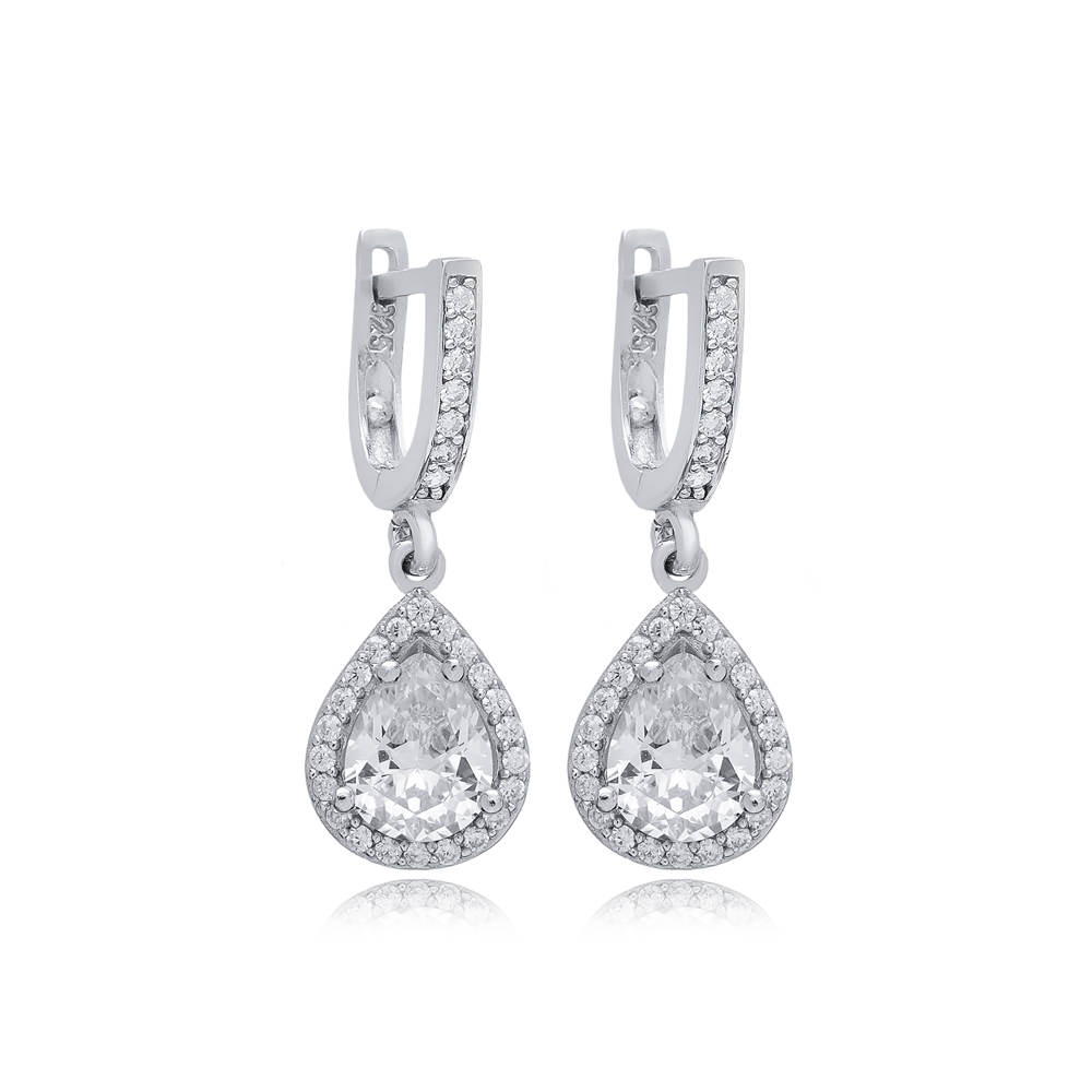 Pear Design CZ Stone Wholesale 925 Silver Dangle Earrings