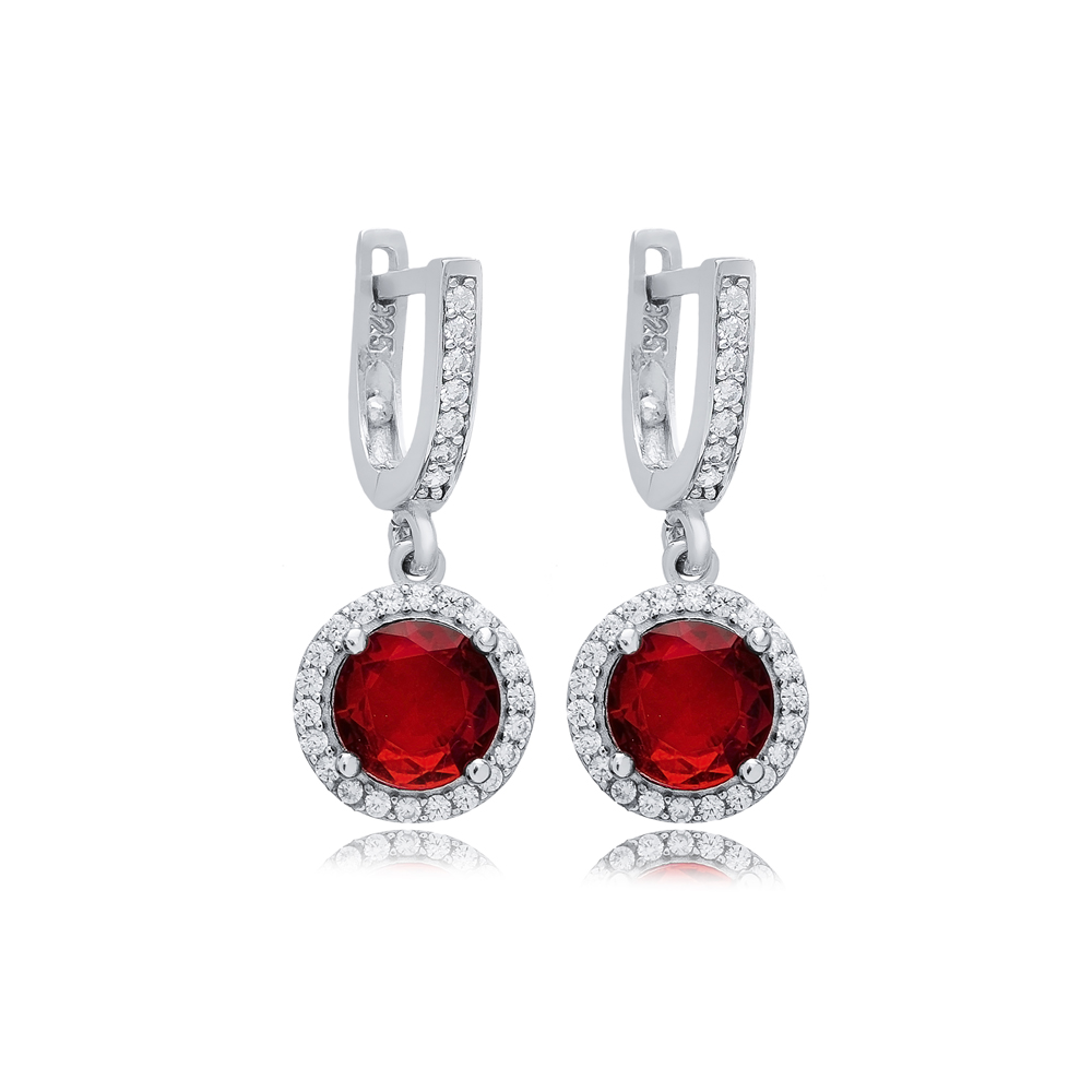 Round Design Garnet CZ Stones Silver Dangle Earrings