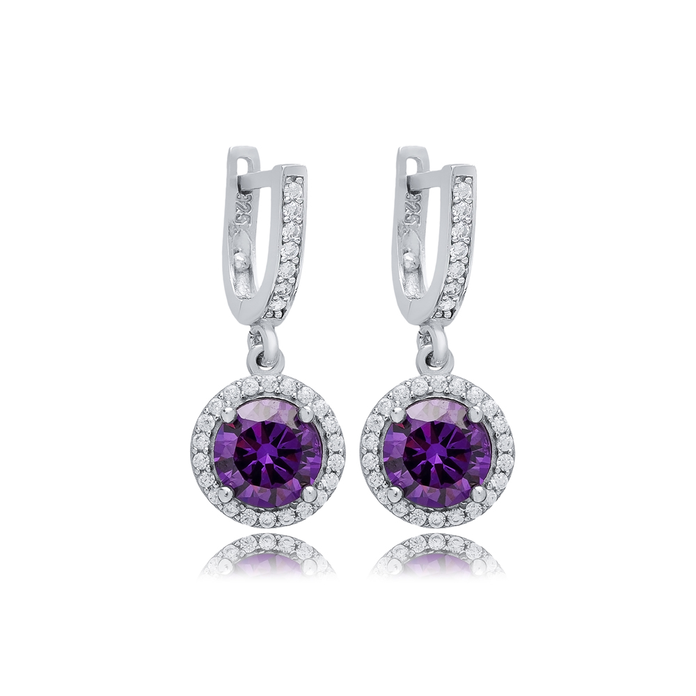 Amethyst CZ Stone Round Design Silver Dangle Earrings