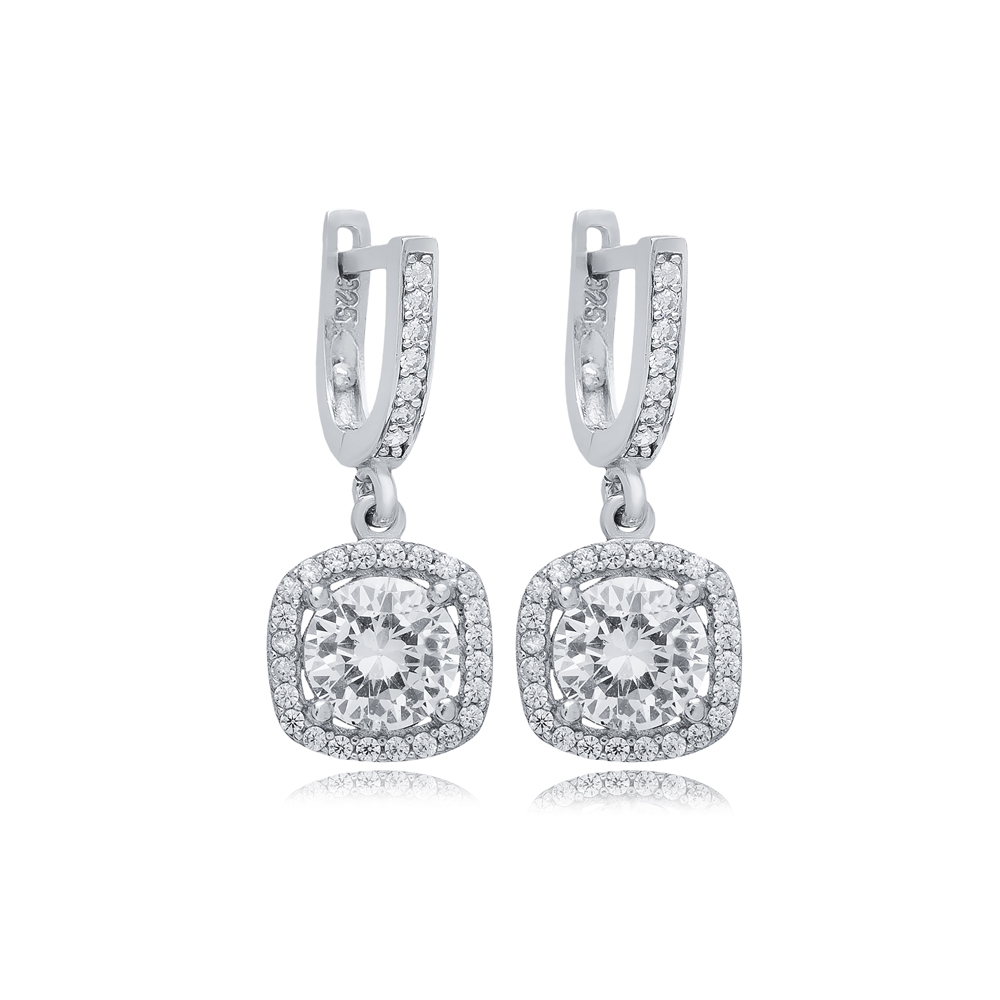 White CZ Stone Square Design Silver Dangle Earrings