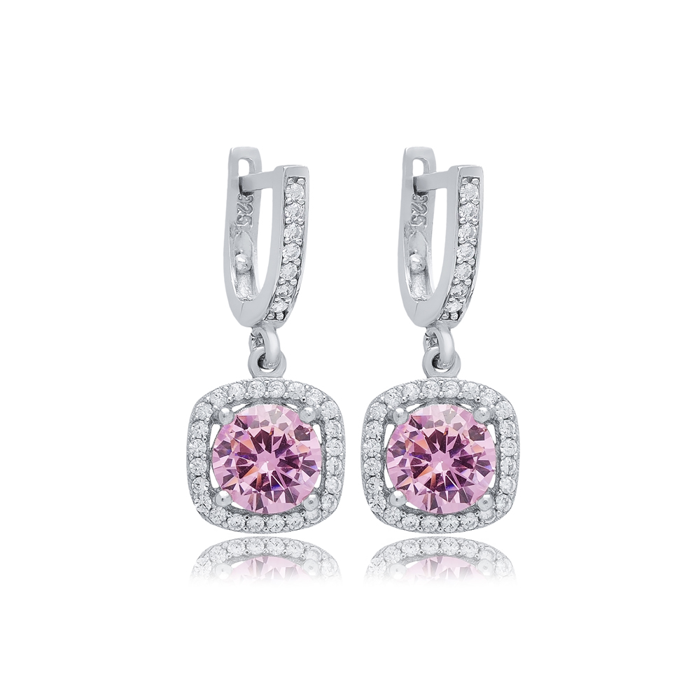 Pink CZ Stone Square Design Silver Dangle Earrings