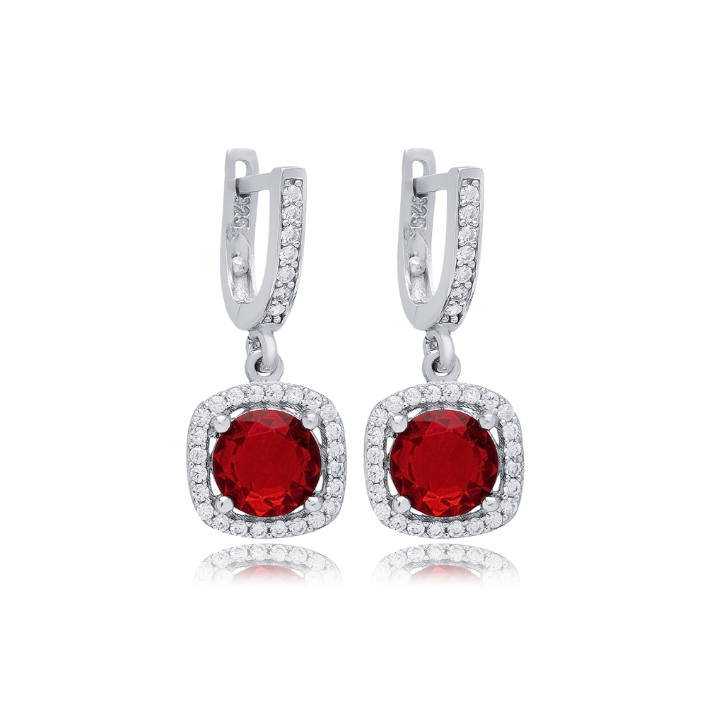 Garnet CZ Stone Square Design Silver Dangle Earrings