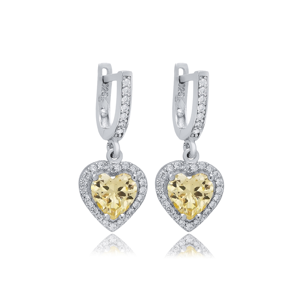 Citrine CZ Stone Heart Shape Silver Dangle Earrings