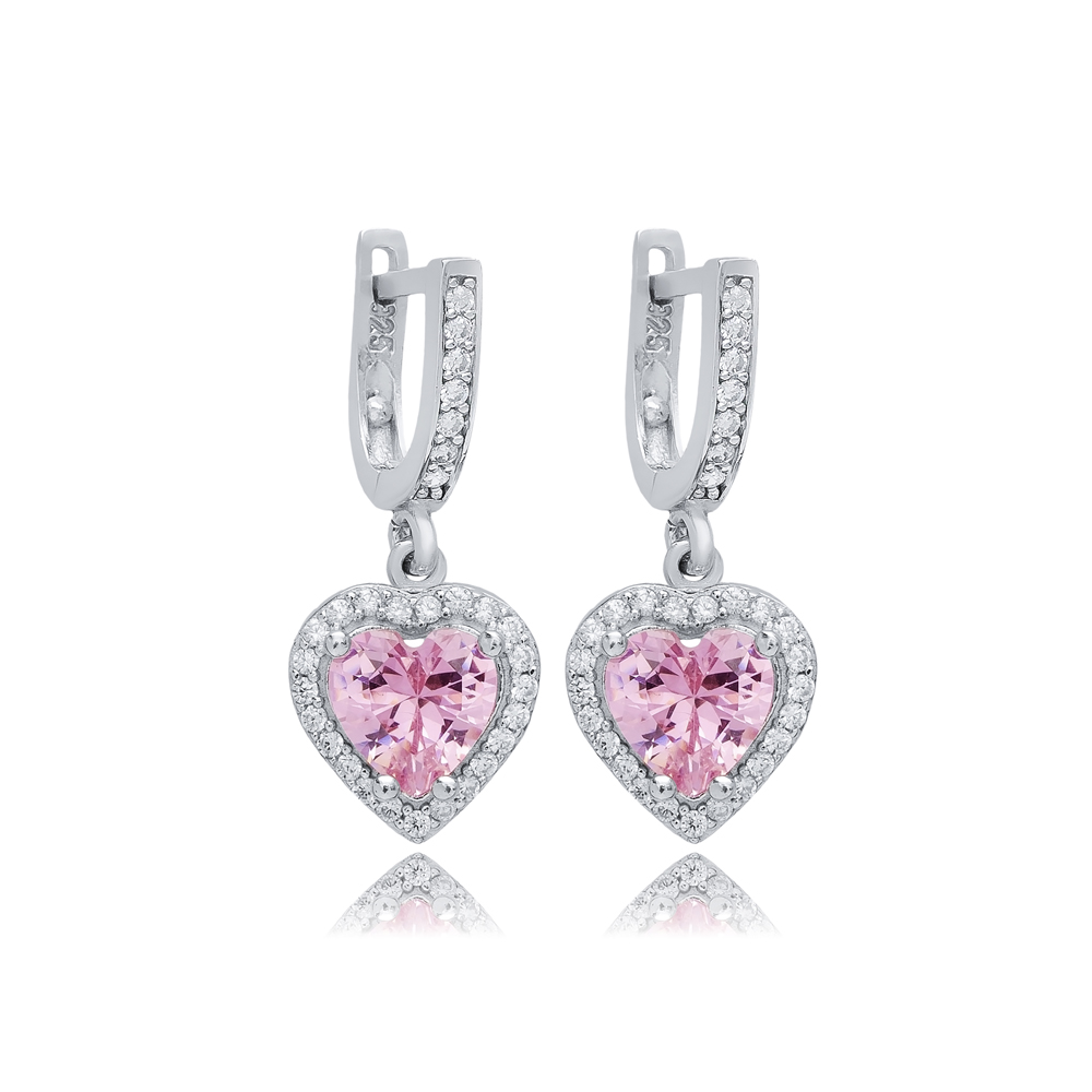 Pink CZ Stone Heart Shape Silver Dangle Earrings