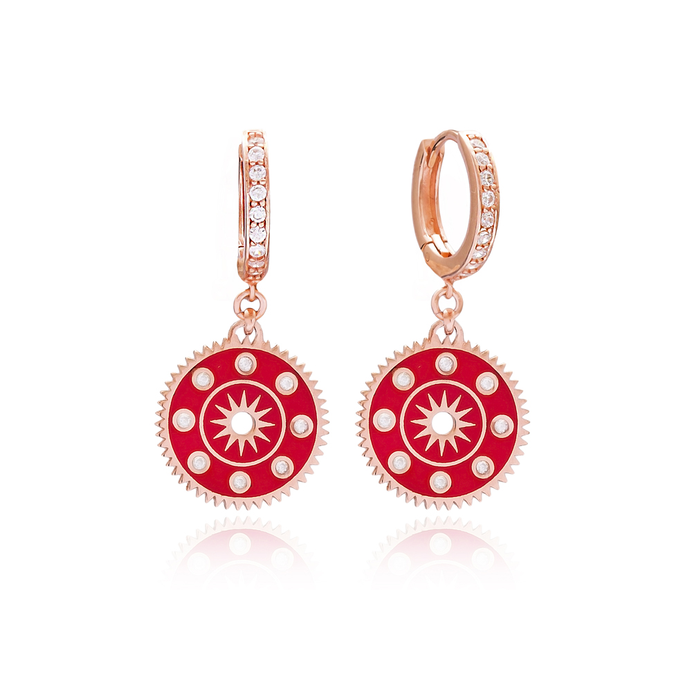 Enamel Round Red Enamel Sterling Silver Dangle Earrings