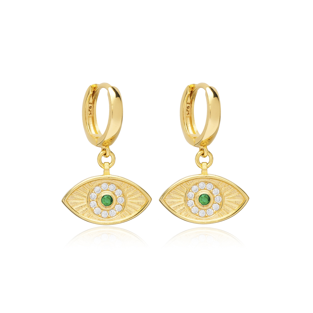 Emerald CZ Stone Silver Evil Eye Shape Dangle Earrings