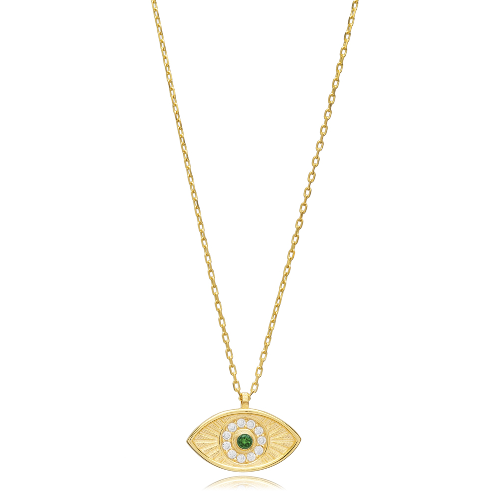 Evil Eye Emerald CZ Stone Silver Charm Necklace Pendant