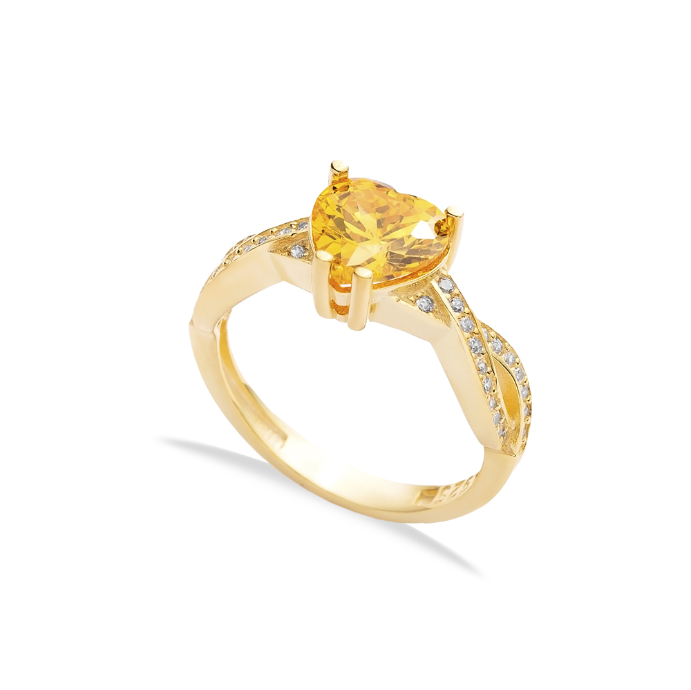 Citrine CZ Stone Heart Design Jewellery Cluster Silver Ring