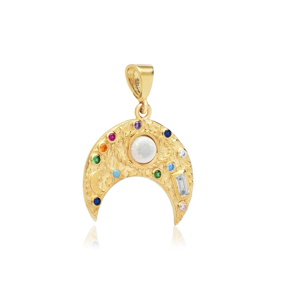 Moon Design Opal Stone Dainty Sterling Silver Charm Pendant