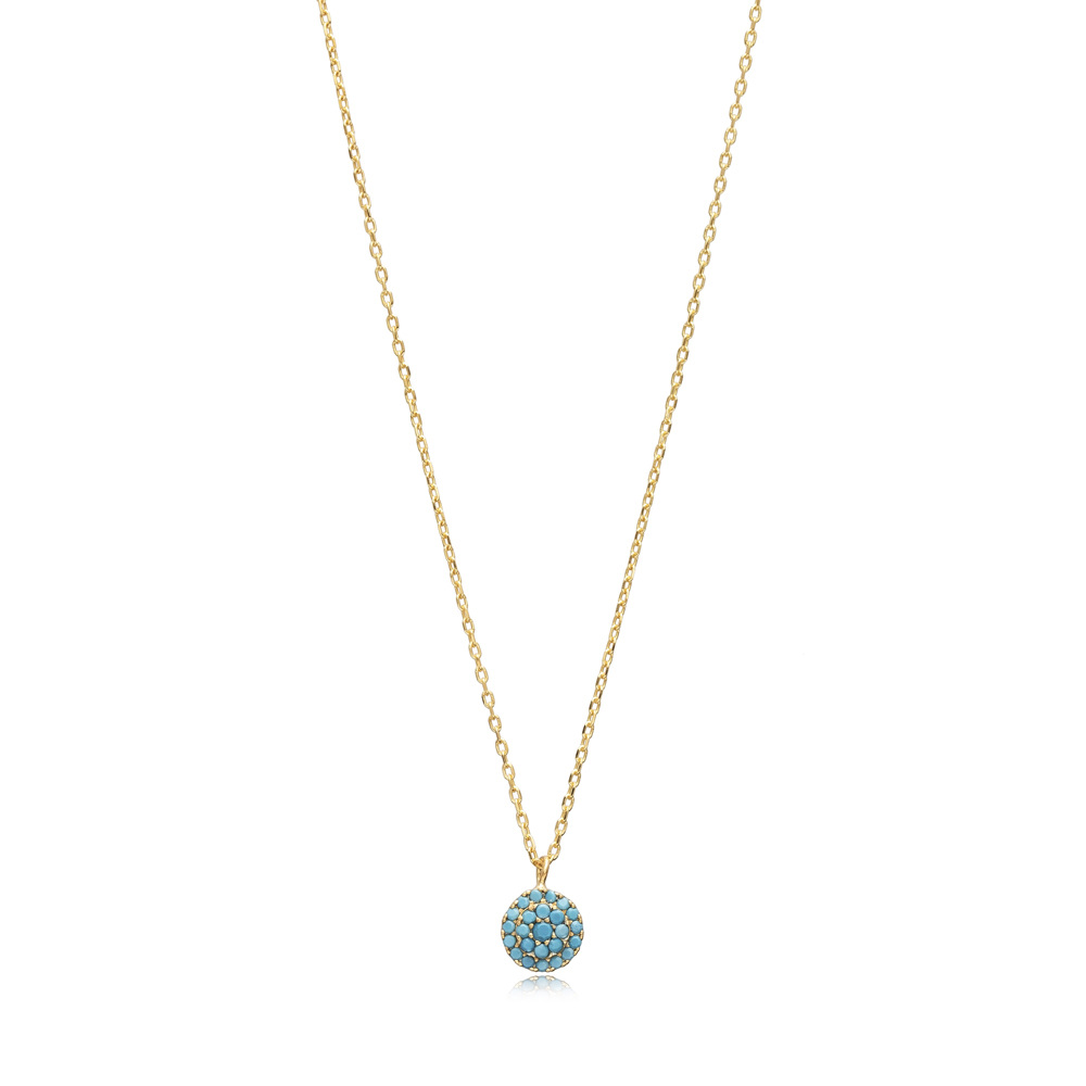 Minimalist Round Style Turquoise CZ Stone Silver Necklace Pendant