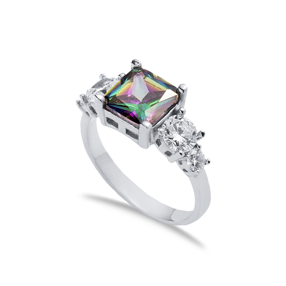 Mystic Topaz CZ Square Design Sterling Silver Cluster Ring