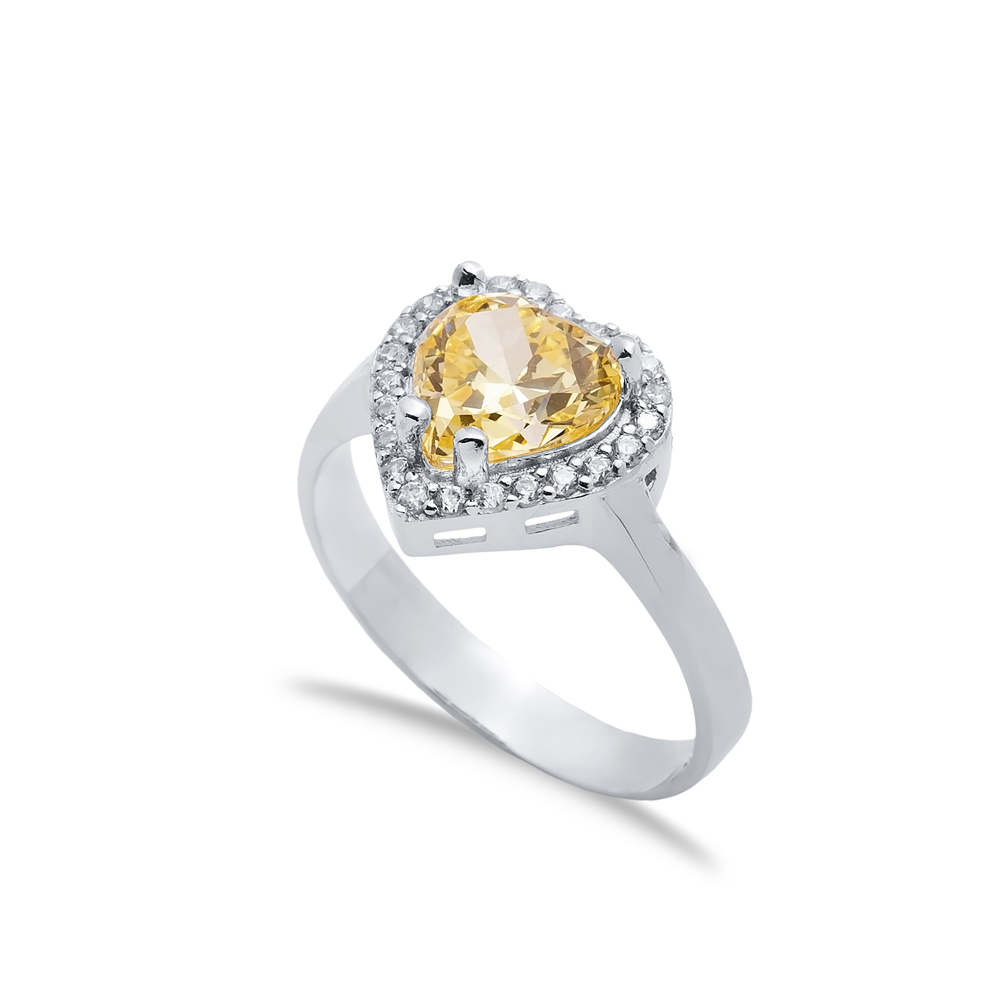 Citrine CZ Stone Heart Design Sterling Silver Cluster Ring