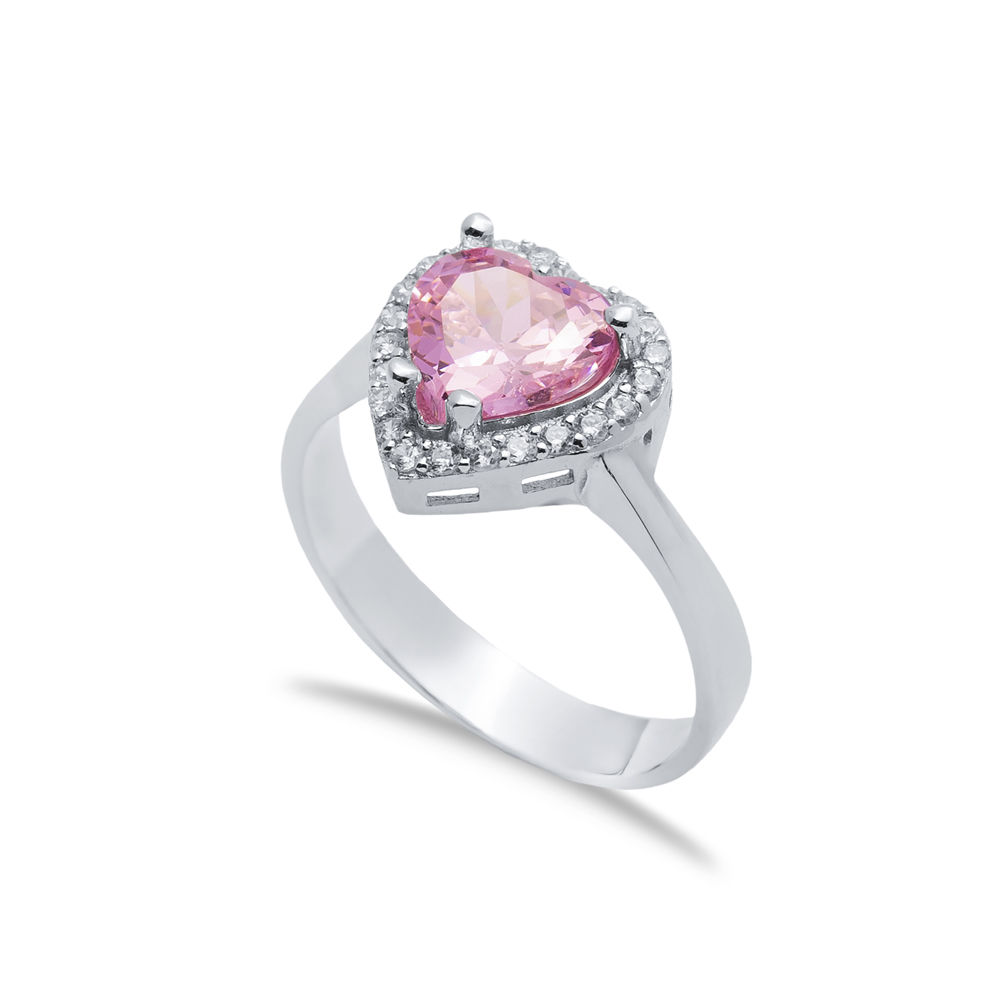 Pink CZ Stone Heart Design Sterling Silver Cluster Ring