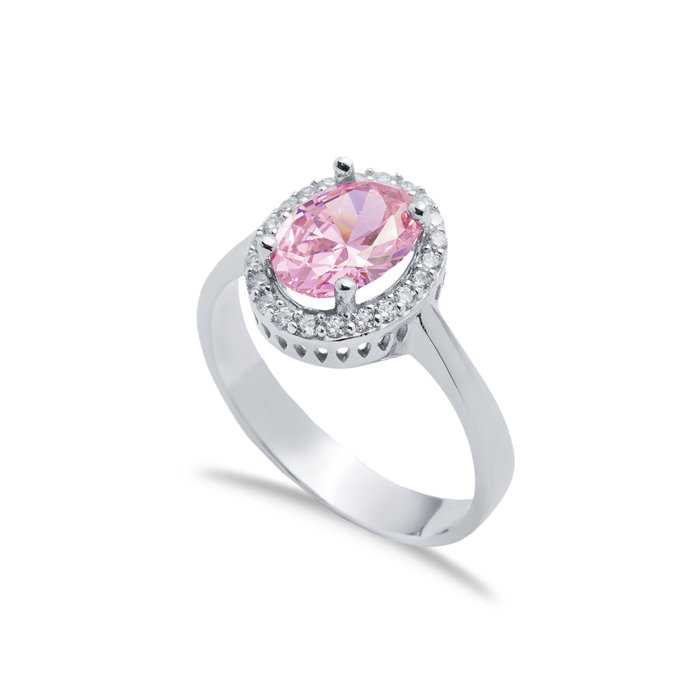 Pink CZ Stone Oval Design Sterling Silver Cluster Ring