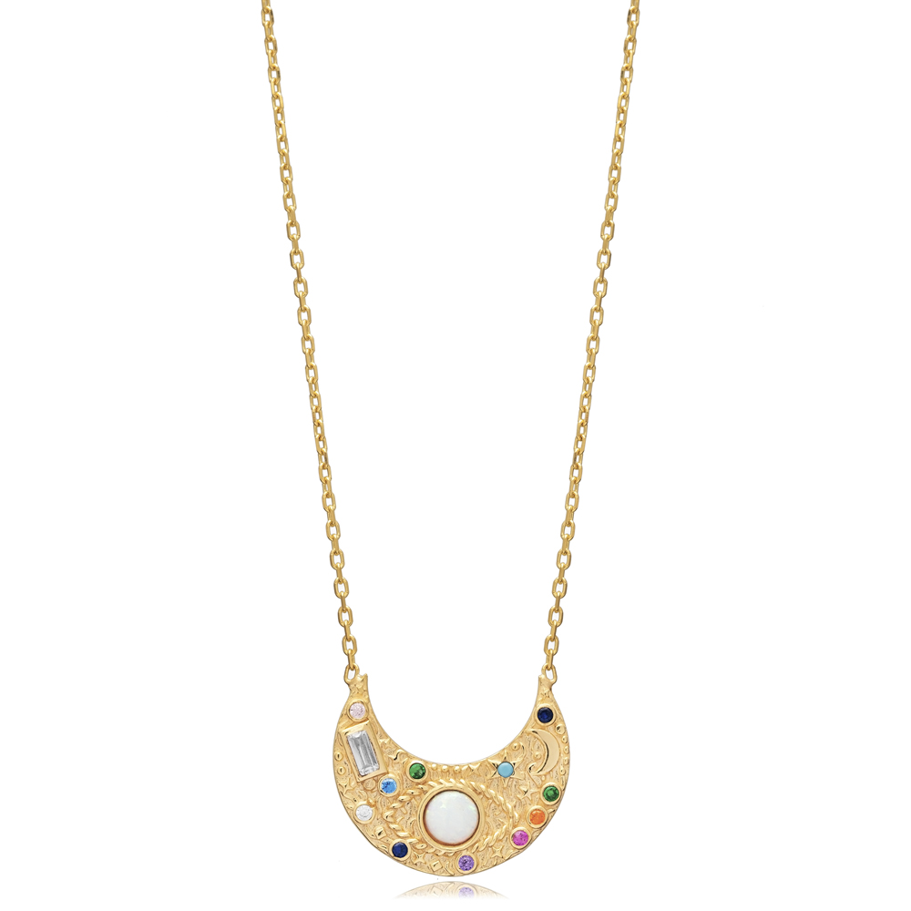 Moon Shape Opal Stone Dainty Sterling Silver Charm Necklace