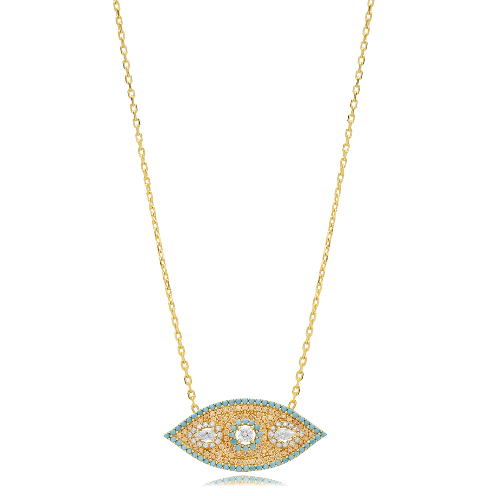 Turquoise CZ Evil Eye Silver Charm Necklace