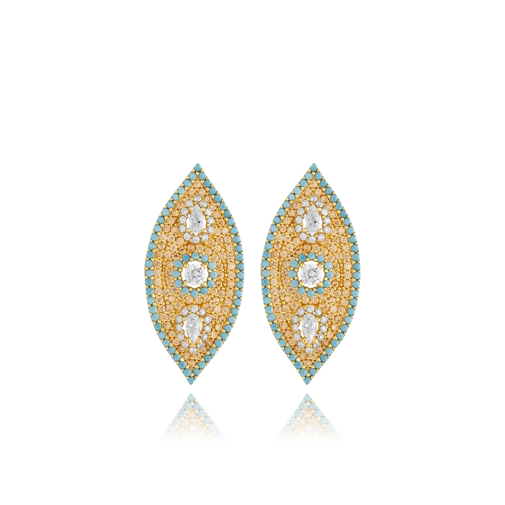 Turquoise CZ Stone Evil Eye Silver Stud Earrings