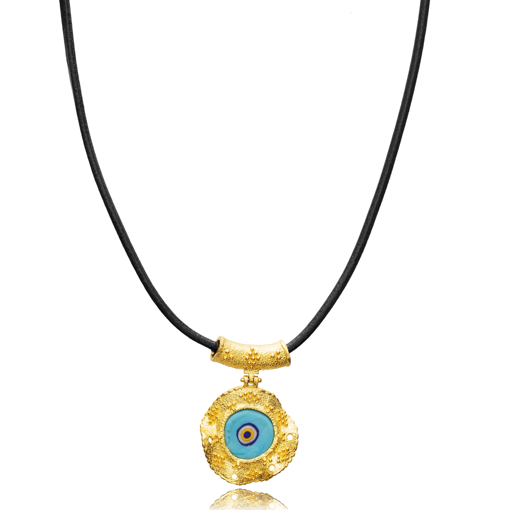 Blue Evil Eye Design Leather 22K Vintage Necklace