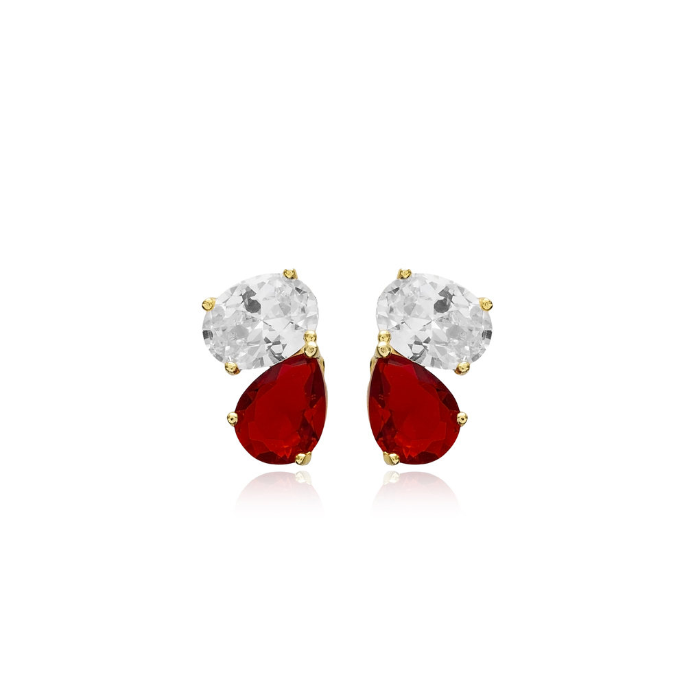 CZ Oval and Garnet Pear Stone Stud Earrings