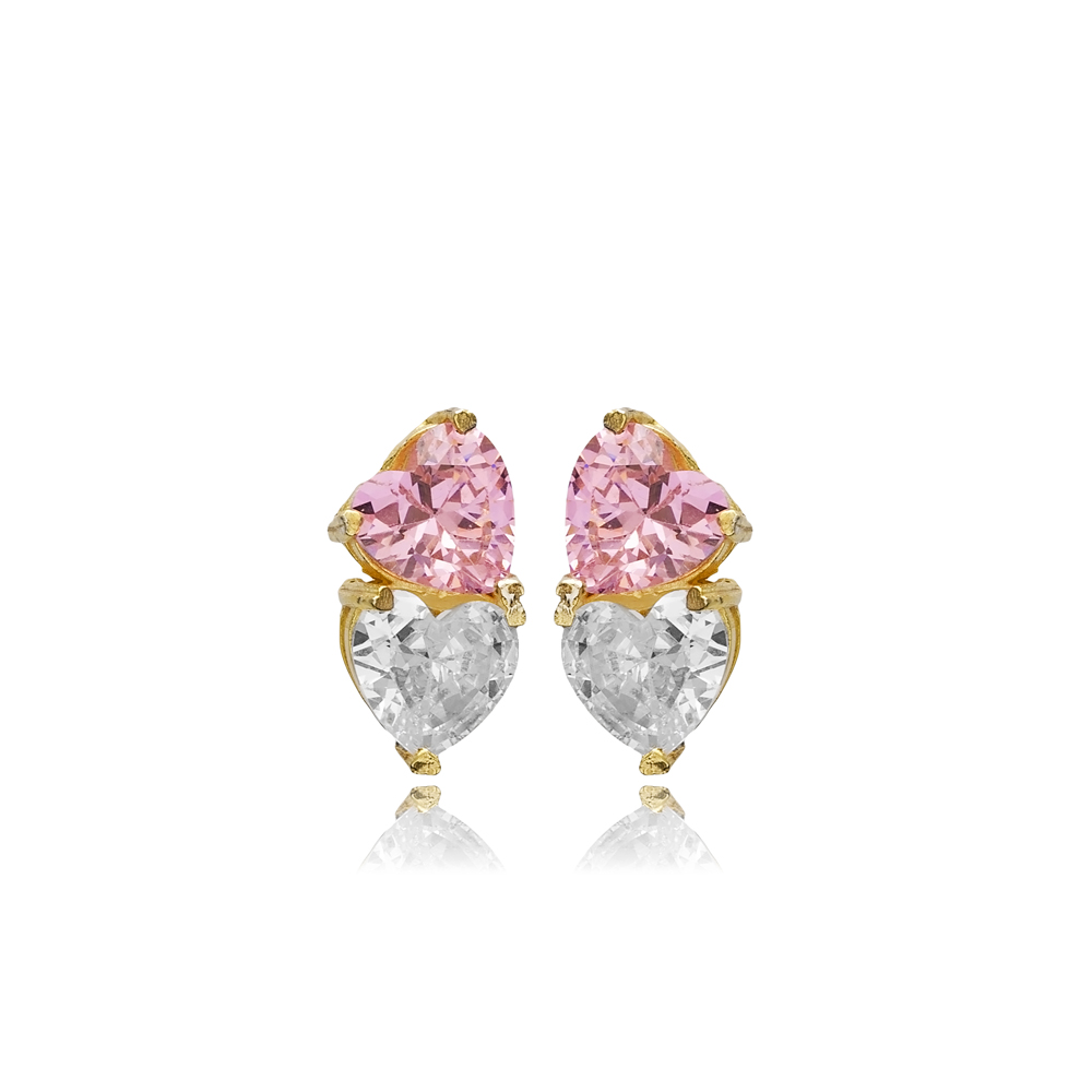 Heart Pink Cz Stone Silver Stud Earrings
